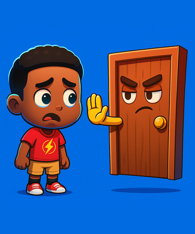 SnapInteract_GateLogic SnapInteract - Jay is denied entry by an anthropomorphic door, representing a condition-based interaction gate